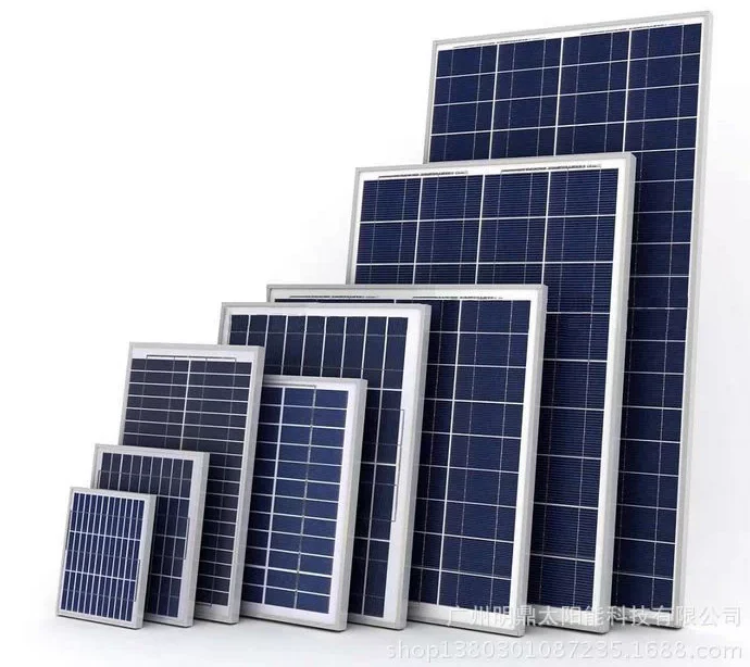 Set of blue solar panels in various sizes displayed in increasing order for clean energy systems.