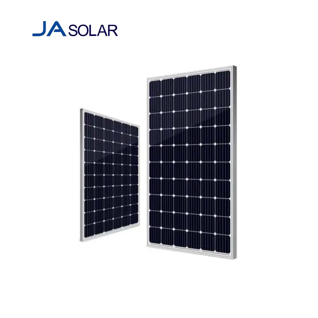 Pair of high-efficiency solar panels with dark blue cells and aluminum frames for solar power systems.