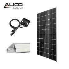 Complete solar panel setup with wiring connector and aluminum frame support for solar energy systems.