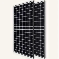 Two black photovoltaic solar panels displayed side by side with grid-patterned cells.