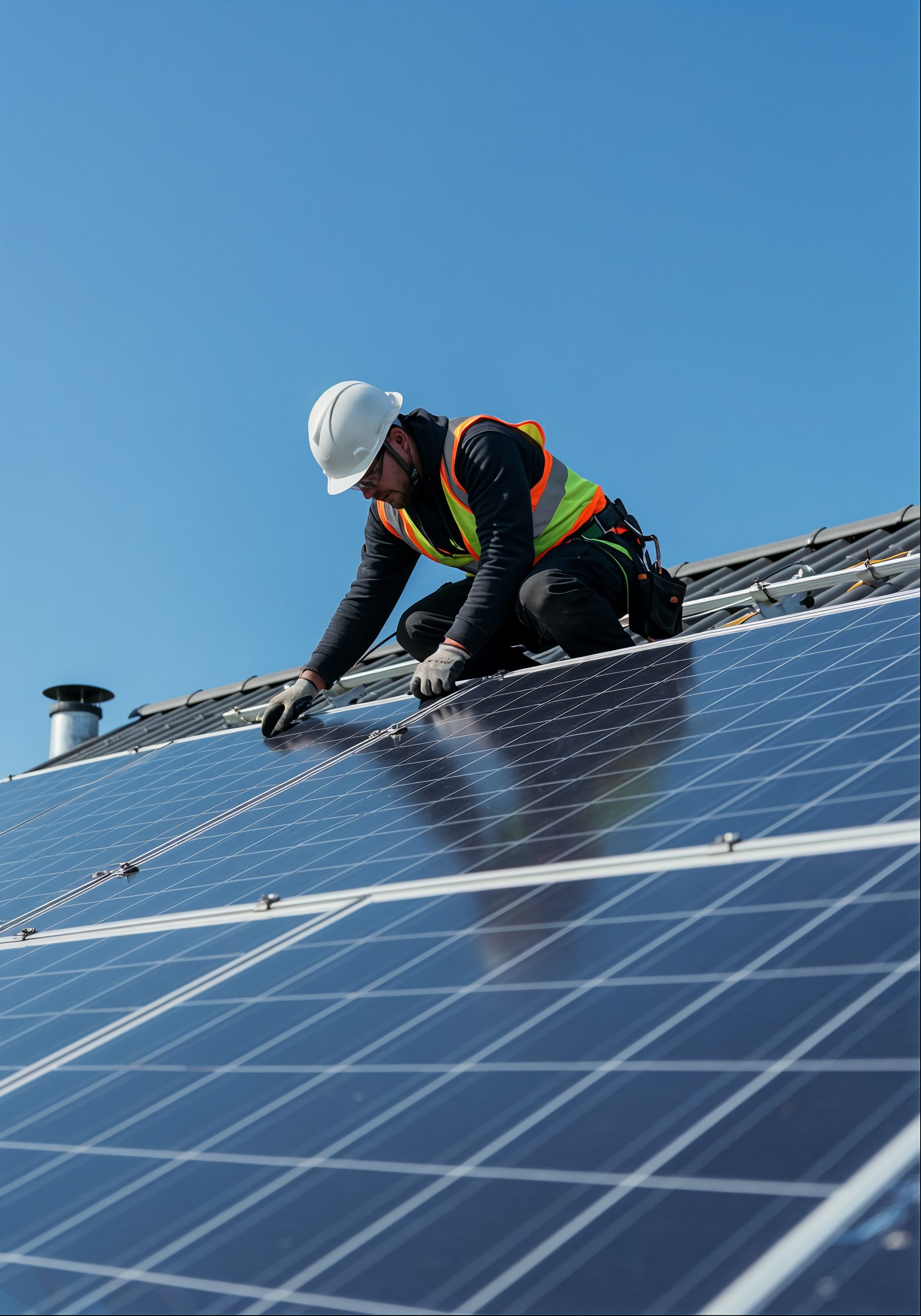 Solar panel installation on rooftop by trained technician for clean and sustainable energy