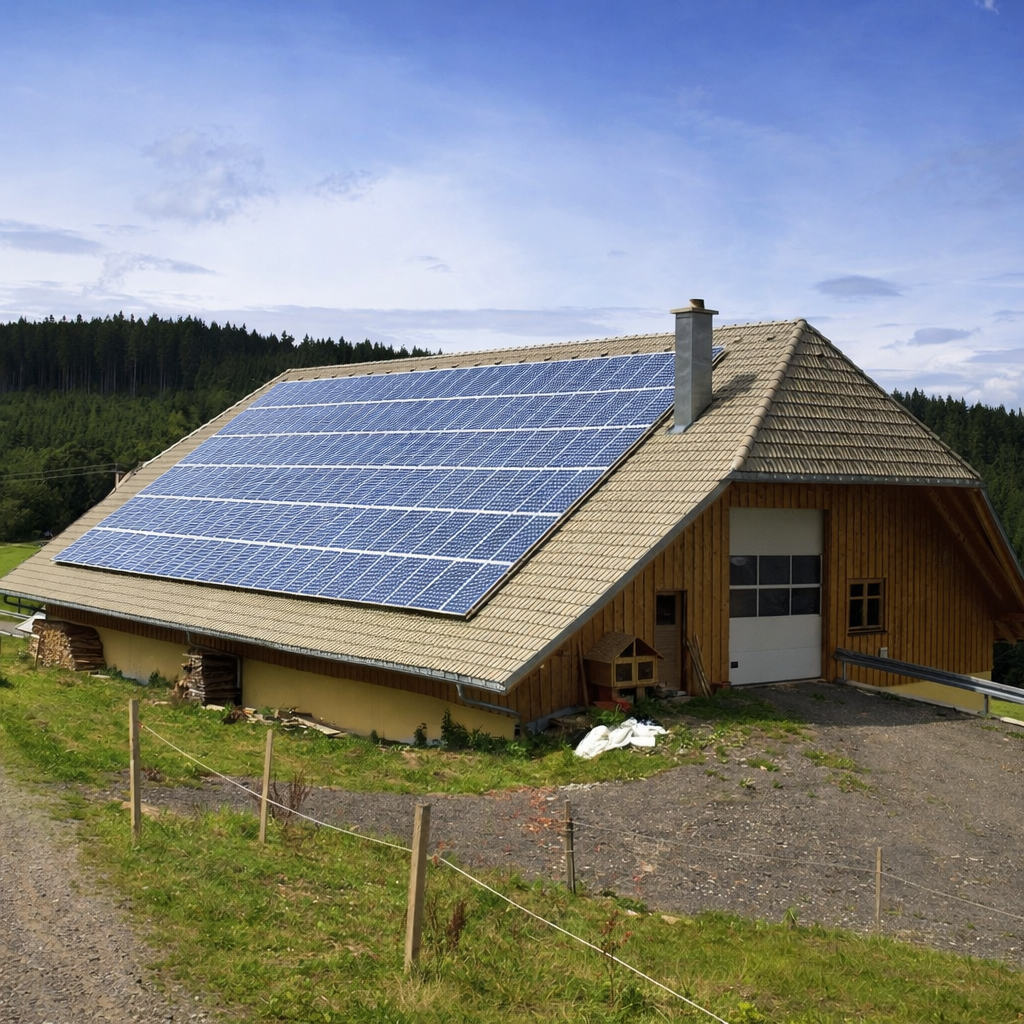 Solar panels installed on a house surrounded by mountains