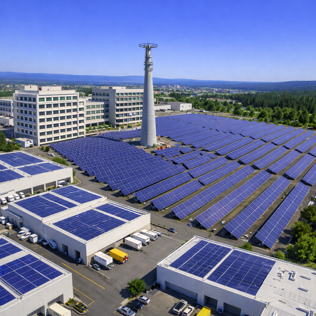 Large solar power plant with rooftop and ground-mounted solar panels at an industrial facility