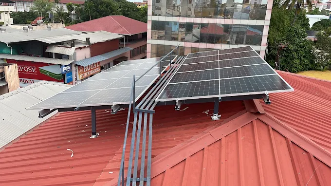 Solar panels installed on the rooftop of a commercial building